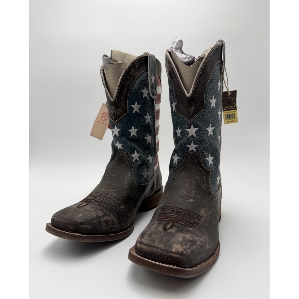 NEW ROPER Mens 9.5D America‎ Flag Western Boots Boot Brown Distressed Leather